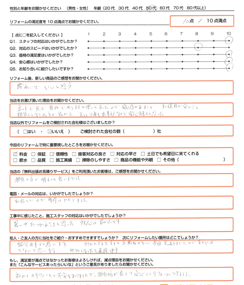 岡山市 Ｍ様　キッチンリフォーム工事のお客様のご感想